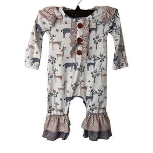 Deer Print Baby Girl Ruffled Romper One Piece Snap Closure Soft Material 6-12M